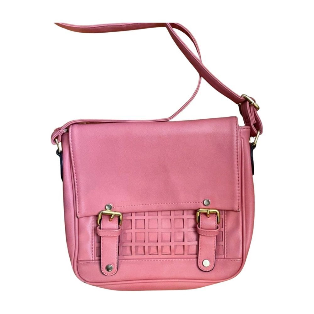 Trendy Faux Leather Pink Purse | Geometric Design & Buckle Details